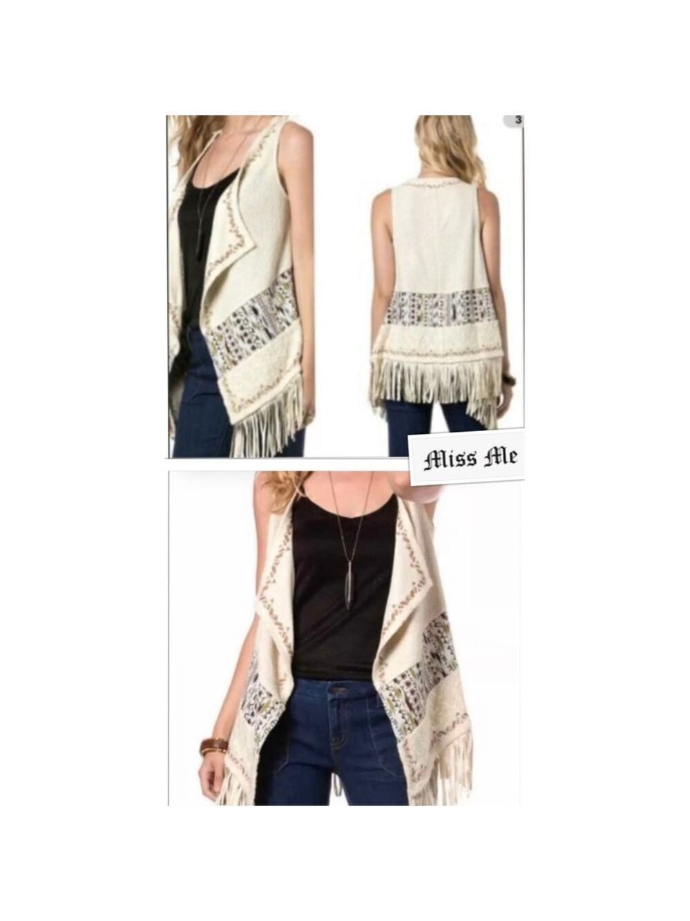 Boho Western Vest by Miss Me Tribal Embroidered Fringe Vest Size Medium